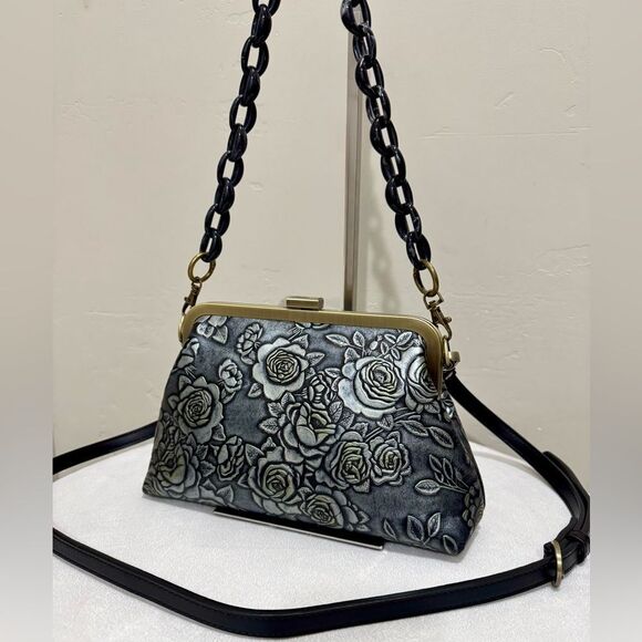 Gray Roses Handmade Embossed Cowhide Push-lock Clutch/Shoulder Bag, Crossbody - Picture 1 of 14